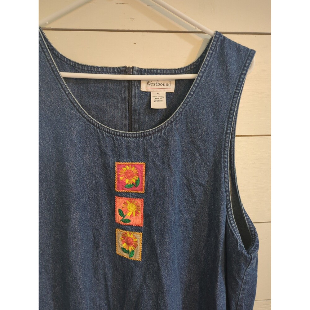 Vintage Westbound XL 100% cotton denim jumper sunflowers embroidered fall